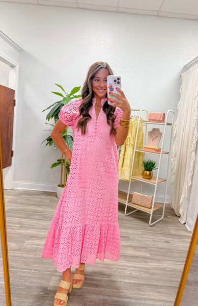 Eyelet Short Puff Sleeve Midi Dress