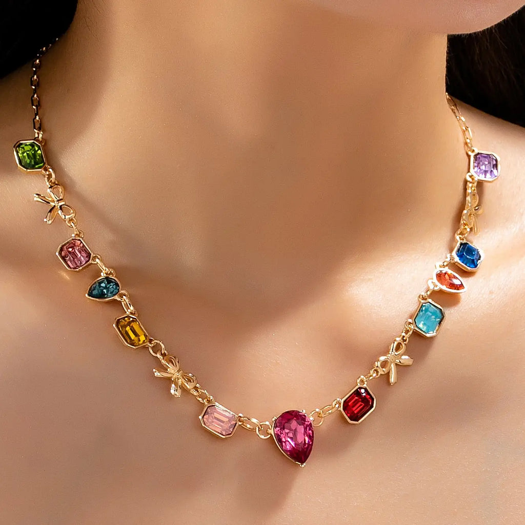 Multi Color Teardrop Square Crystal Bow Necklace