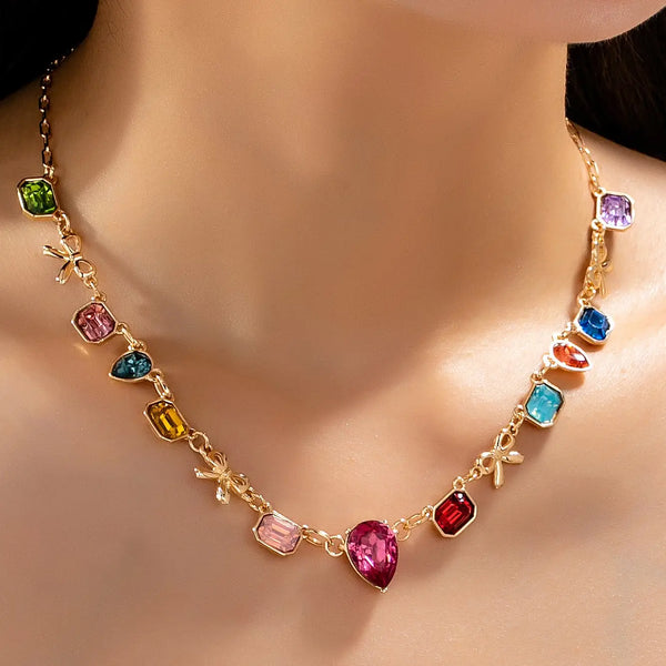 Multi Color Teardrop Square Crystal Bow Necklace