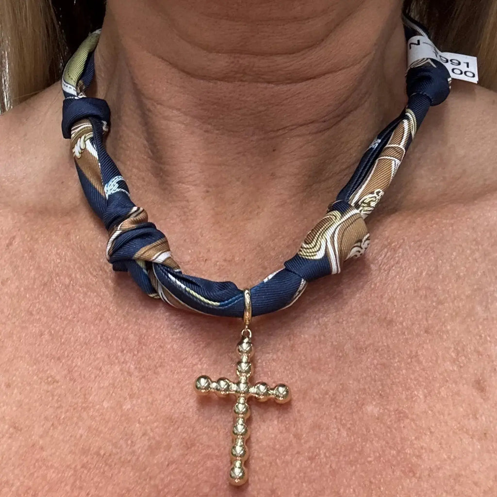 Navy and Brown Knotted Scarf Necklace with Cross Charm