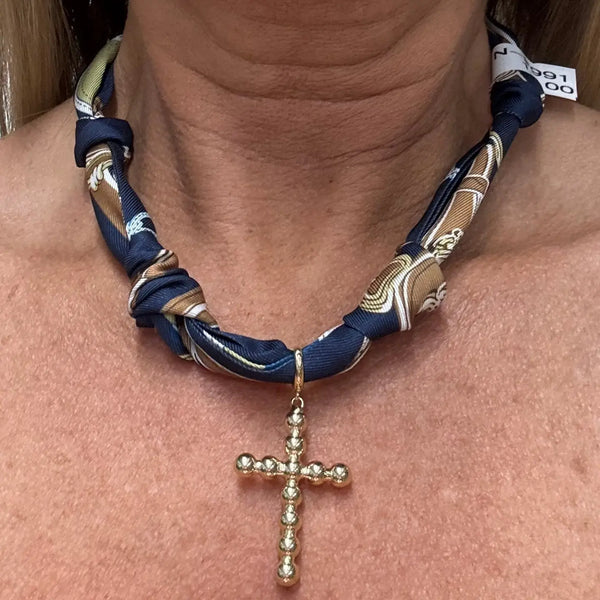 Navy and Brown Knotted Scarf Necklace with Cross Charm