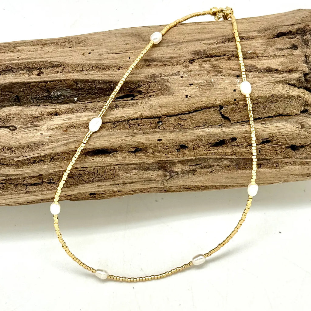 Necklace Gold Glass Beads W/Freshwater Pearls 16”