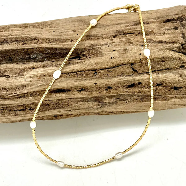 Necklace Gold Glass Beads W/Freshwater Pearls 16”