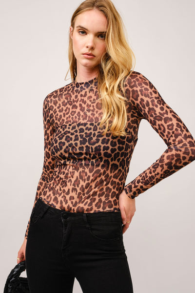 Leopard Mesh Mock Neck Fitted Top