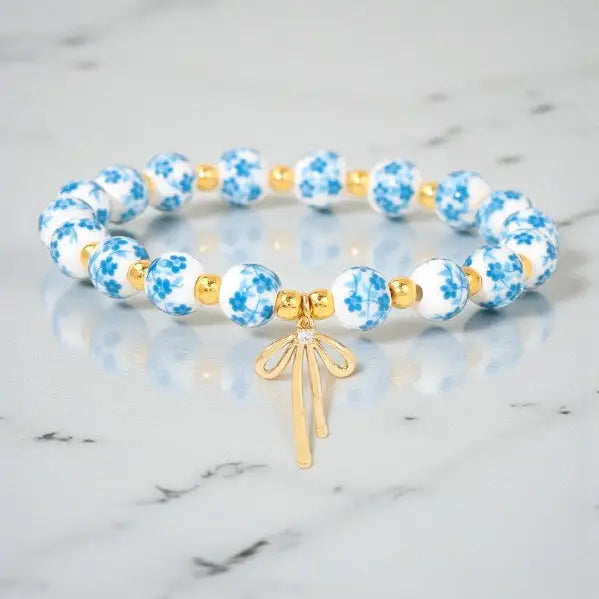Jen Light Blue Floral Bow Beaded Bracelet