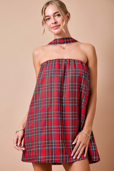 Strapless Christmas Plaid Mini Dress