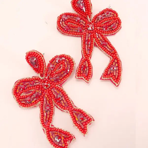 Christmas Holiday Bow Seed Bead Earrings