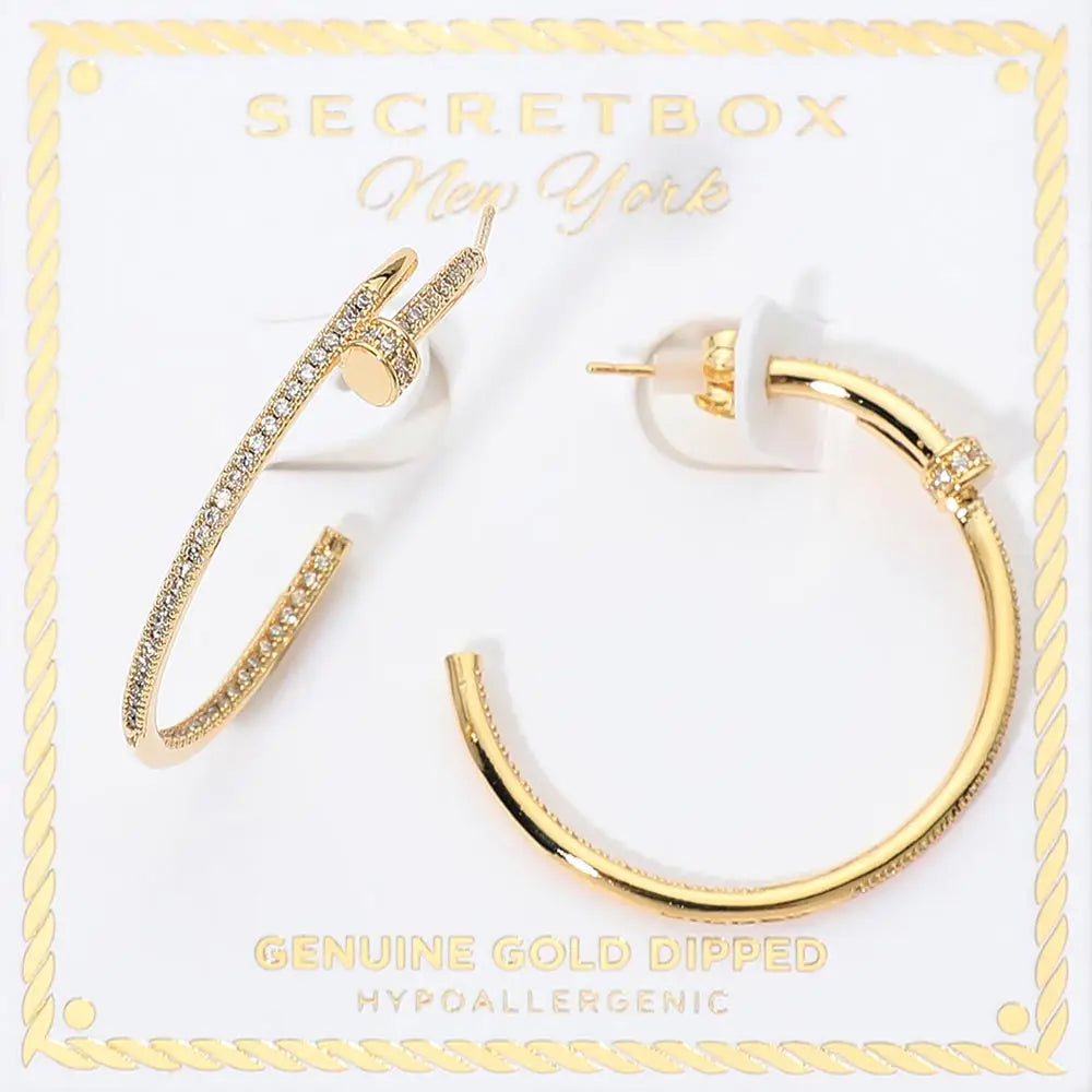 Gold Dipper Rhinestone Pave Nail Hoop Earrings