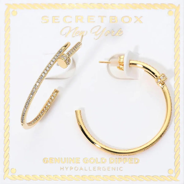Gold Dipper Rhinestone Pave Nail Hoop Earrings