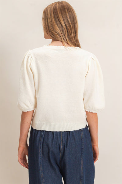 Button-Up Puff Sleeve Sweater Cardigan