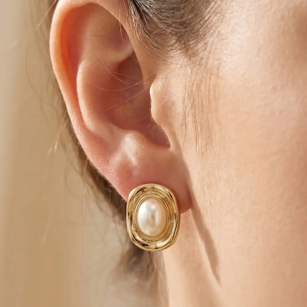 Hammered Oval Pearl Statement Stud Earrings