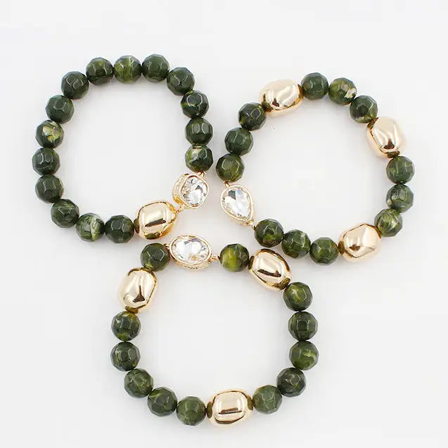 Green, Cream, & Crystal Set of Three Natural Beaded Stretch Bracelets