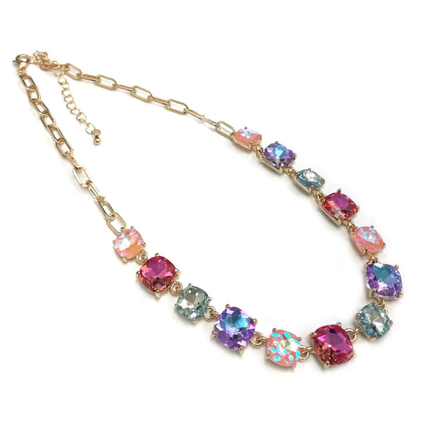 Pastel Multi Squared Glass Crystal & Gold Chain 16"-18" Necklace