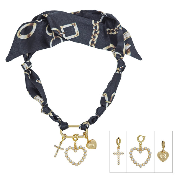 Multi Scarf Necklace with Hearts & Cross Charms