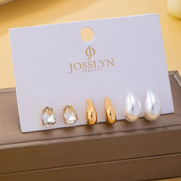 Teardrop Crystal Gold Pearl Trio Stud Earring Set