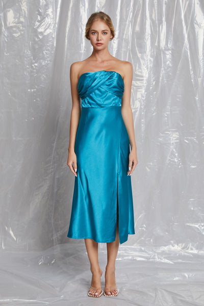 Front Shirring Satin Tube Midi Dress