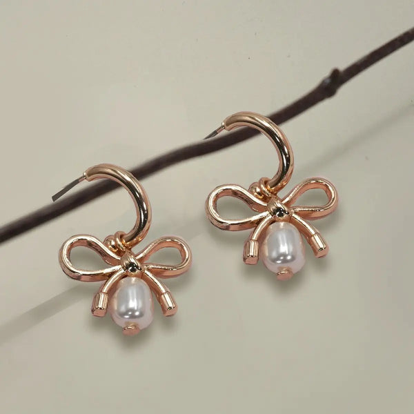Bow Pearl Drop Mini Hoop Earrings