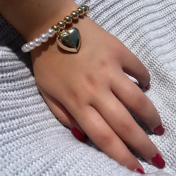 18k Gold Filled Half Gold & Pearl Bracelet w/ Large Puffy Heart