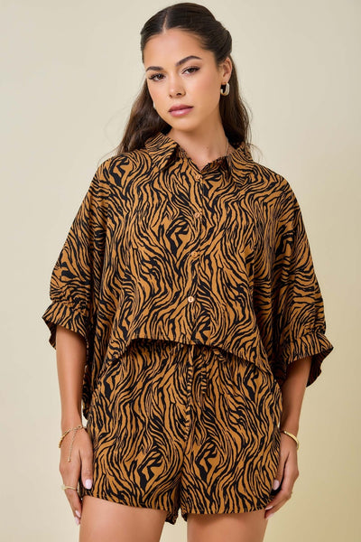 Tiger Print Boxy Cropped Shirt & Shorts Set