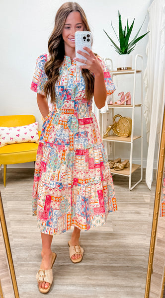 Pintuck Elasticated Waistband Midi Dress
