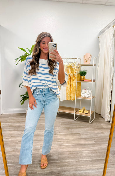 Drop Half Sleeve Striped Sweater Top