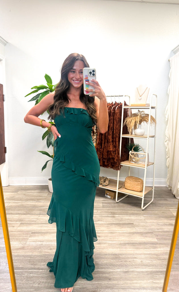 Strapless Ruffle Open Back Maxi Dress