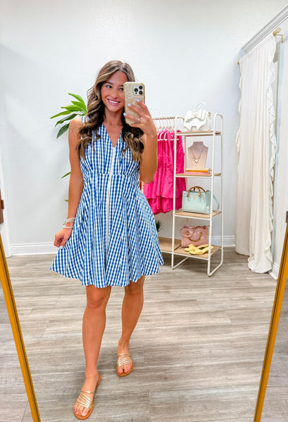 Gingham Sleeveless Front Zip Dress