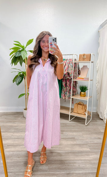 Stripe Half Zip A-Line Maxi Dress