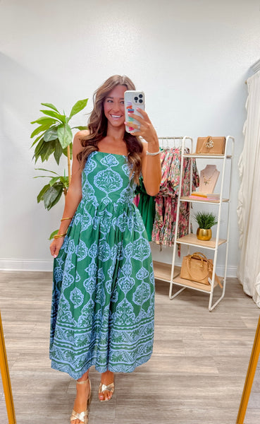 Printed Strapless Midi Dress