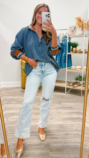 3/4 Sleeve Half Zip Striped Top