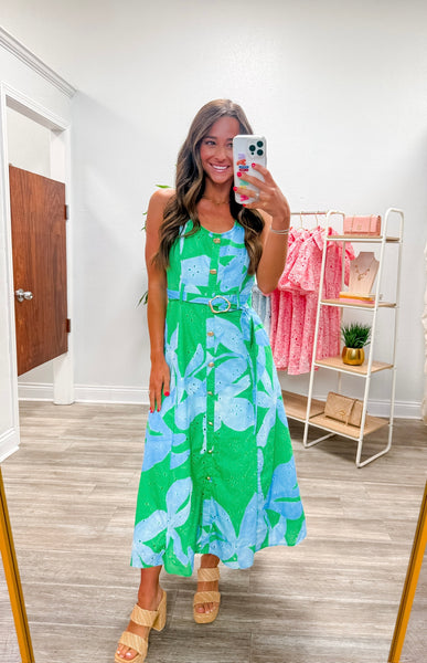 Botanical Print Sleeveless Midi Dress