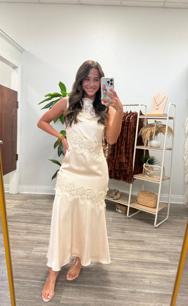 Satin Lace Panel Detail Midi Dress