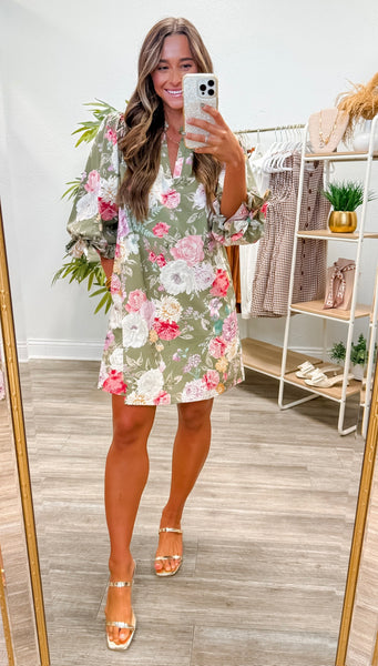 Floral ¾ Bubble Sleeve Mini Dress