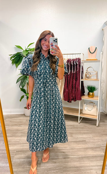 Floral Eyelet Lace Button Down Midi Dress
