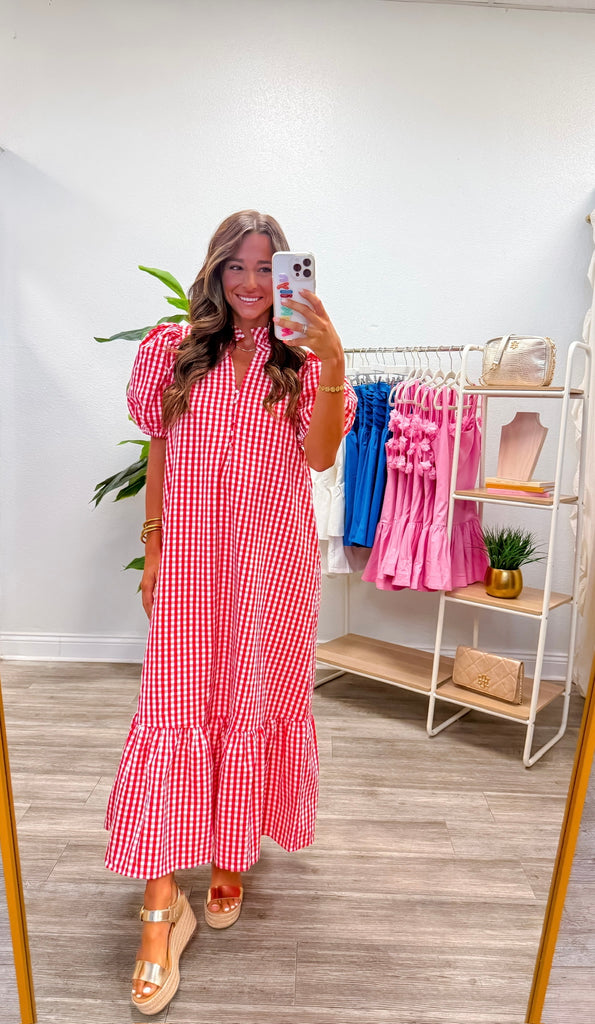 Gingham Short Puff Sleeve Midi Dress