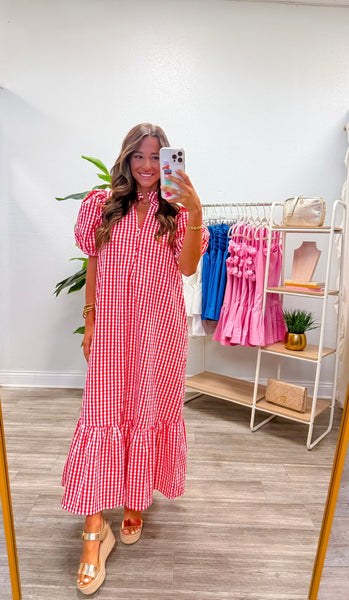 Gingham Short Puff Sleeve Midi Dress