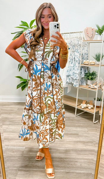 Botanical Flutter Sleeve Ruffle Midi Dress