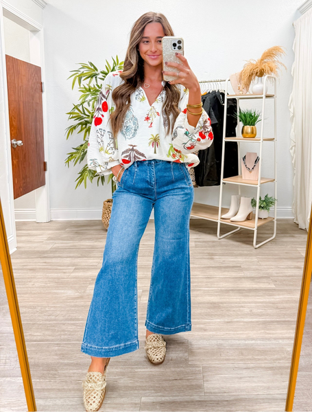 Tropical Print Split V-Neck Top