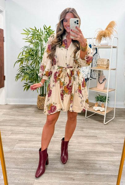 Floral Puff 3/4 Sleeve Mini Dress