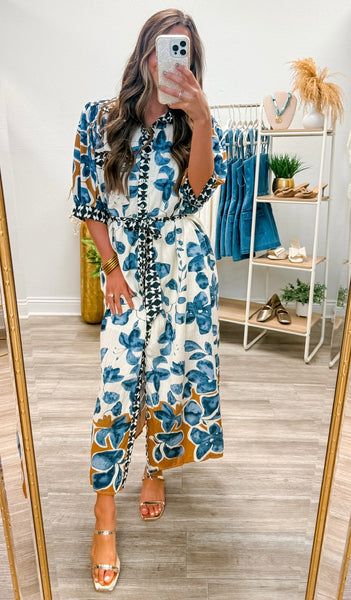 Botanical Print ¾ Sleeve Midi Shirt Dress