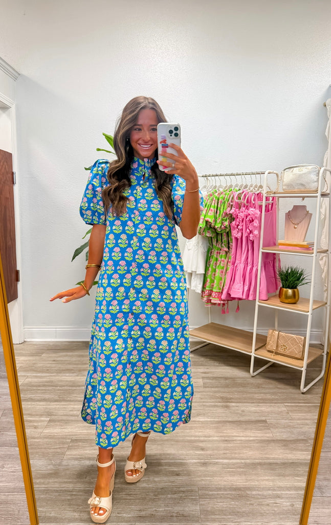 Botanical Short Puff Sleeve Midi Dress