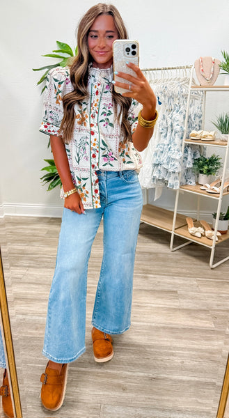 Floral Ruffle Neck Band Collar Button Up Top