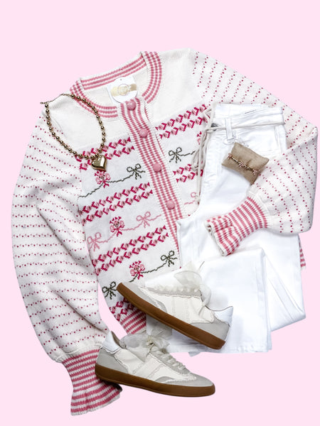 Floral Ruffle Sleeve Sweater Cardigan