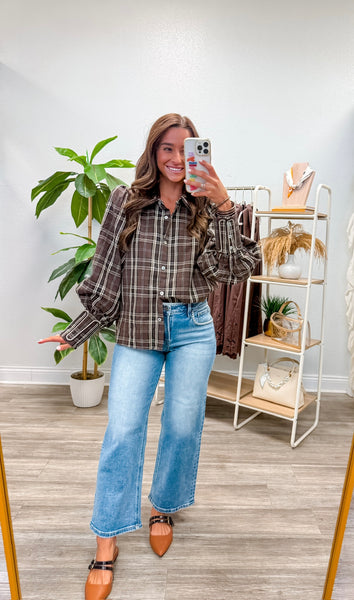 Embroidery Accent Button Down Plaid Top