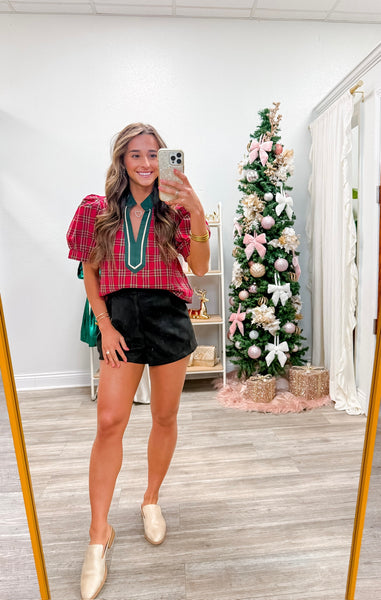 Plaid Pattern Cuff Band Short Sleeve Top