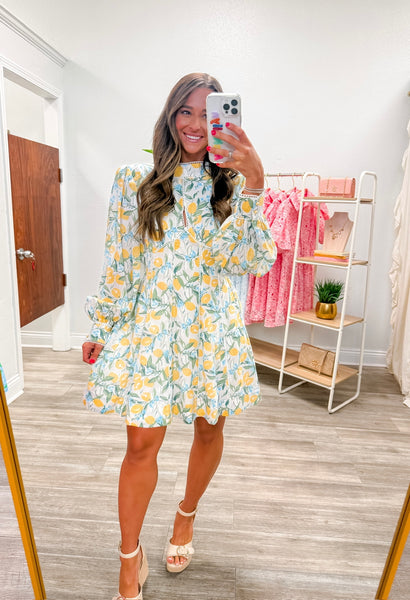 Lace Trim Lemon & Floral Print Dress
