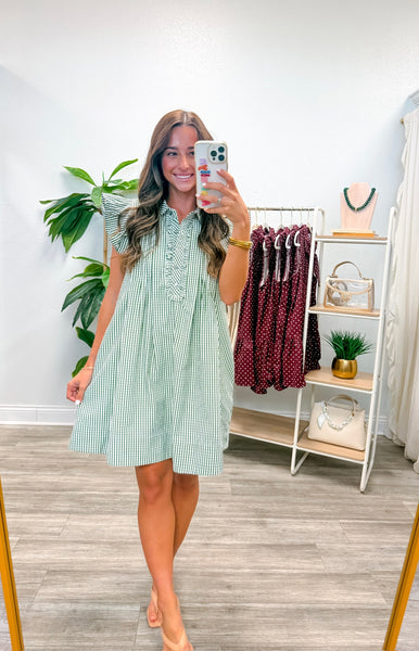 Textured Gingham Flutter Sleeve Dress