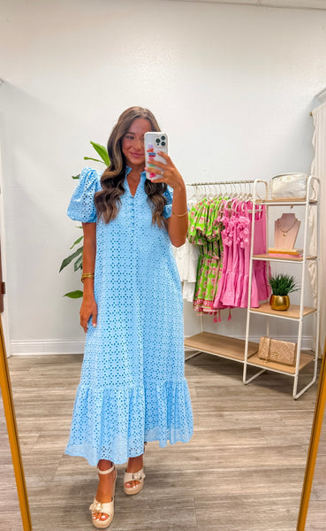 Blue Eyelet Short Puff Sleeve Midi Dress