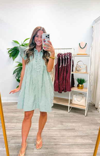 Textured Gingham Flutter Sleeve Dress
