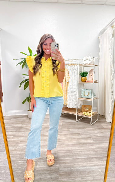 Ruffle Button Down Crinkled Solid Top